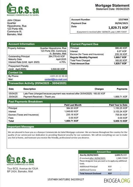 Modèle Word et PDF de relevé hypothécaire de la Banque Commerciale du Sahel (BCS) du Mali